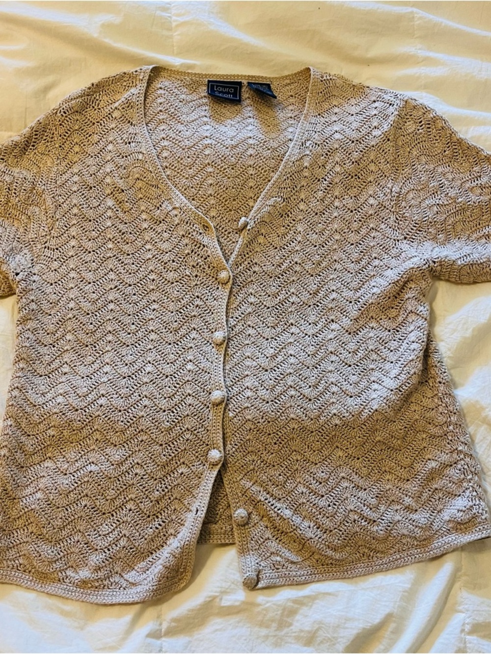 Vintage Laura Scott Cream Beige Crochet Knit Cardigan